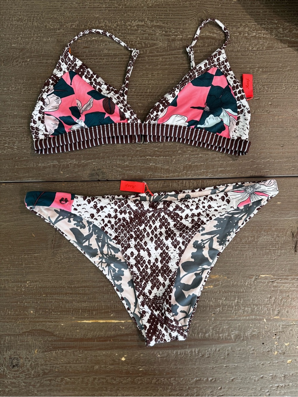 Maaji snake print with Coral & Teal Floral Triangle Bikini L